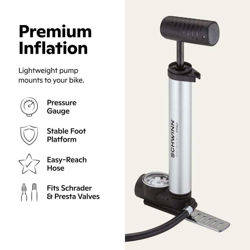Schwinn Air Sport Pro Frame Pump, Black, Pressure Gauge, Portable, For Mountain, Cruiser and Electric Bikes, with Frame Mount Attachment, Dual Head for Schrader and Presta Valves, Manual Air Pump - Image 2